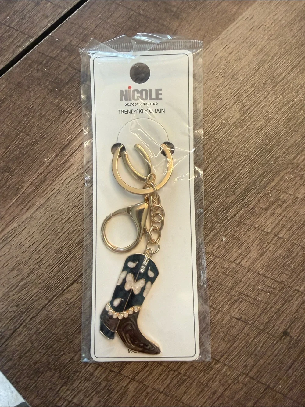Nicole Gold-Tone Western Boot Keychain with Black Boot Charm